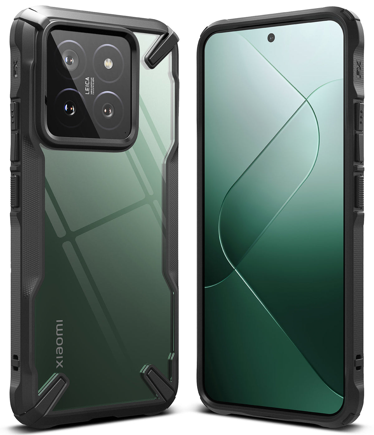Xiaomi 14 Case | Fusion-X - Rugged black protective case with clear back panel shown from front and rear angles on a Xiaomi 14.