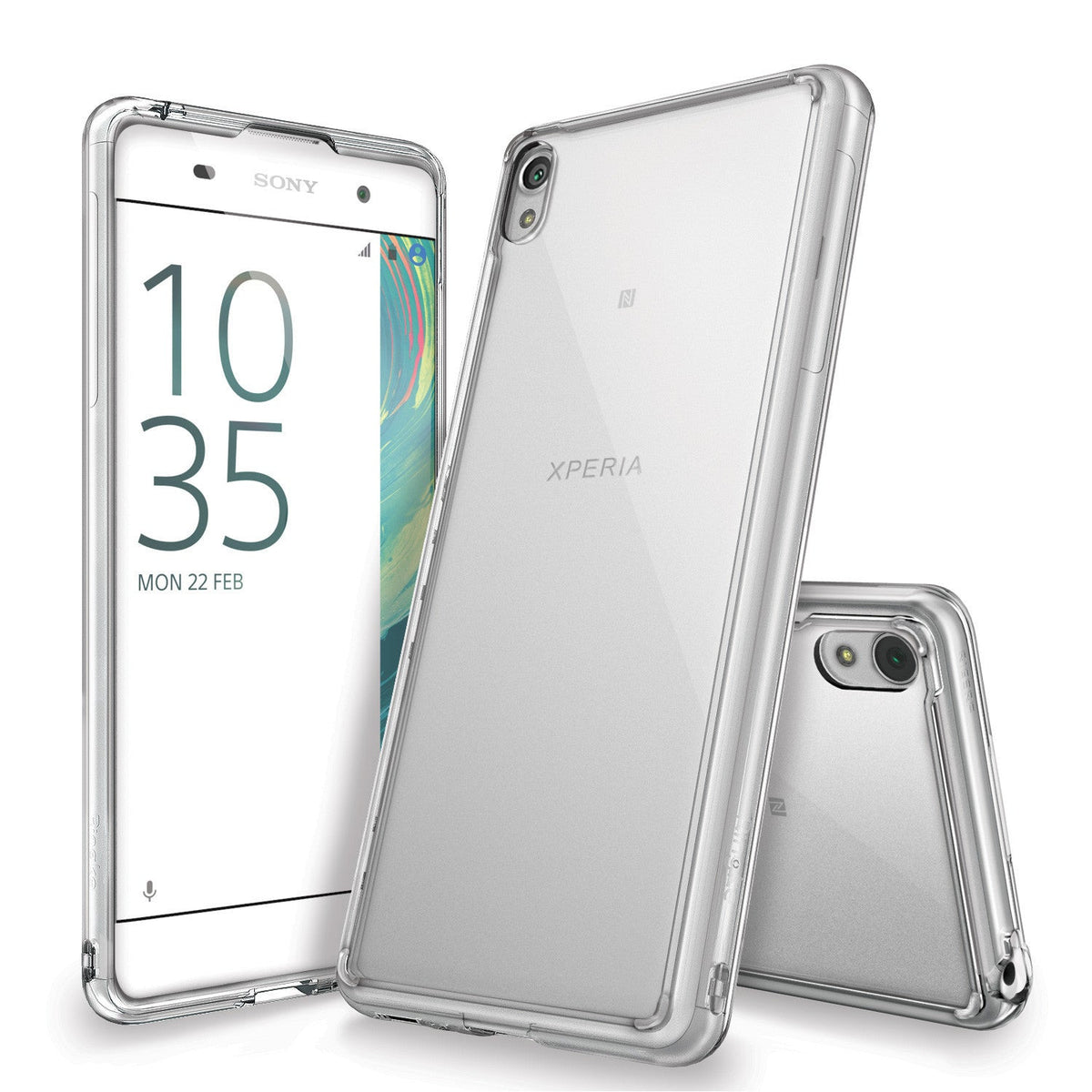 Xperia XA Case | Fusion - Clear protective phone case shown from front, back, and side angles on a white background.