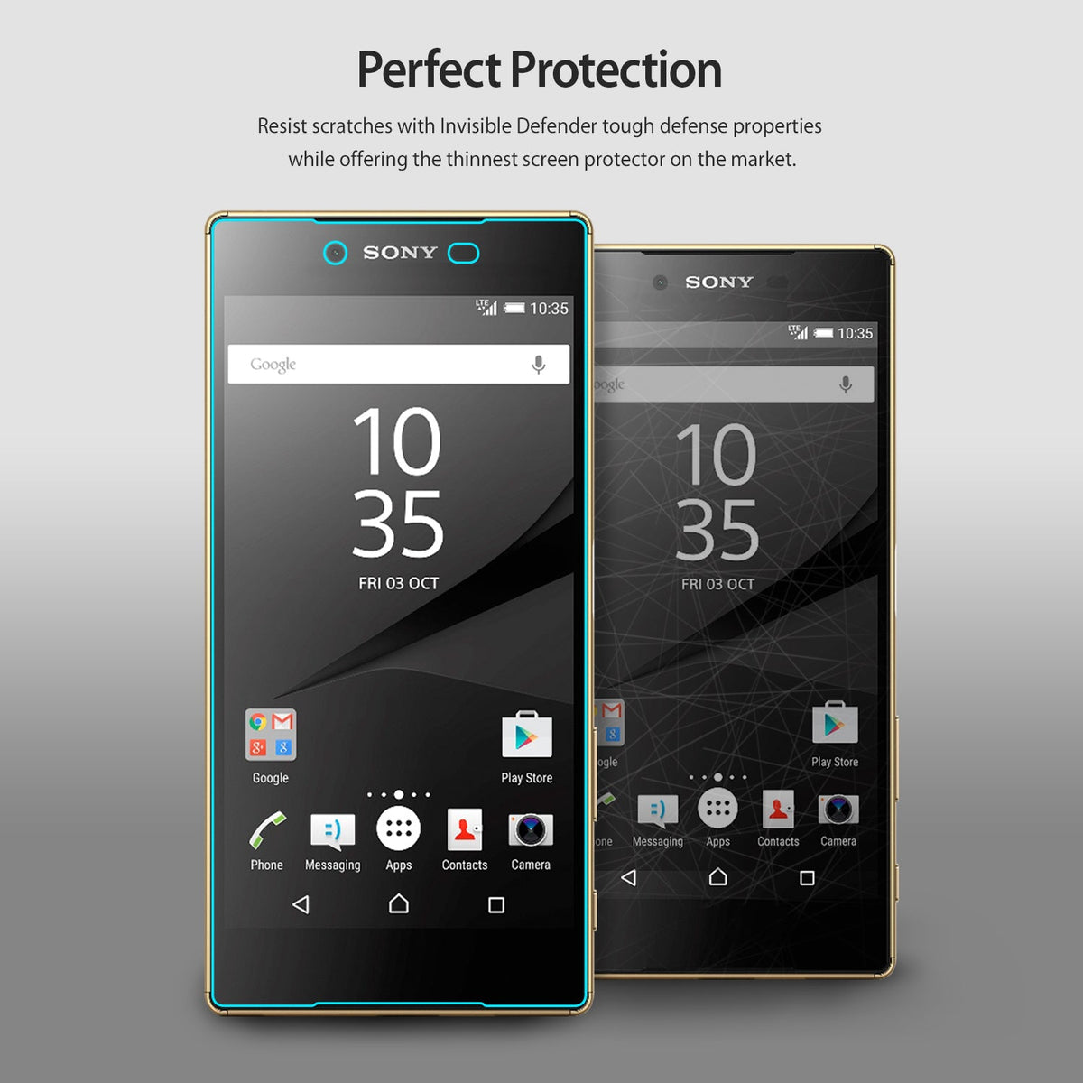 Xperia Z5 Compact Screen Protector | Invisible defender - Xperia Z5 Compact Screen Protector - Two Sony smartphones side-by-side, one with a thin, clear screen protector applied.