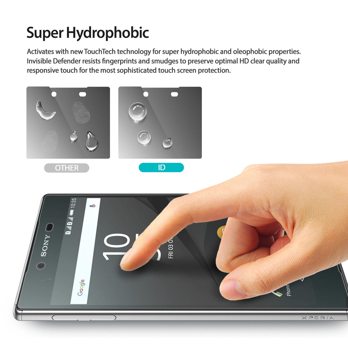 Xperia Z5 Compact Screen Protector | Invisible defender - Xperia Z5 Compact Screen Protector - Comparison showing water beading on Invisible Defender versus smudges on other film.