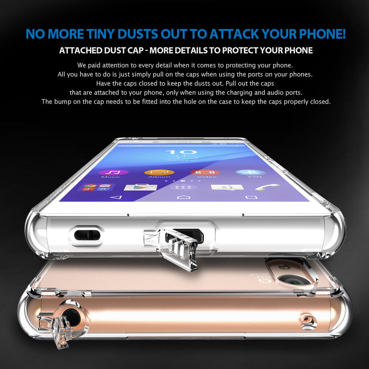 Sony Xperia Z3 Plus Case | Fusion - Clear phone case with integrated dust caps covering the charging and audio ports.