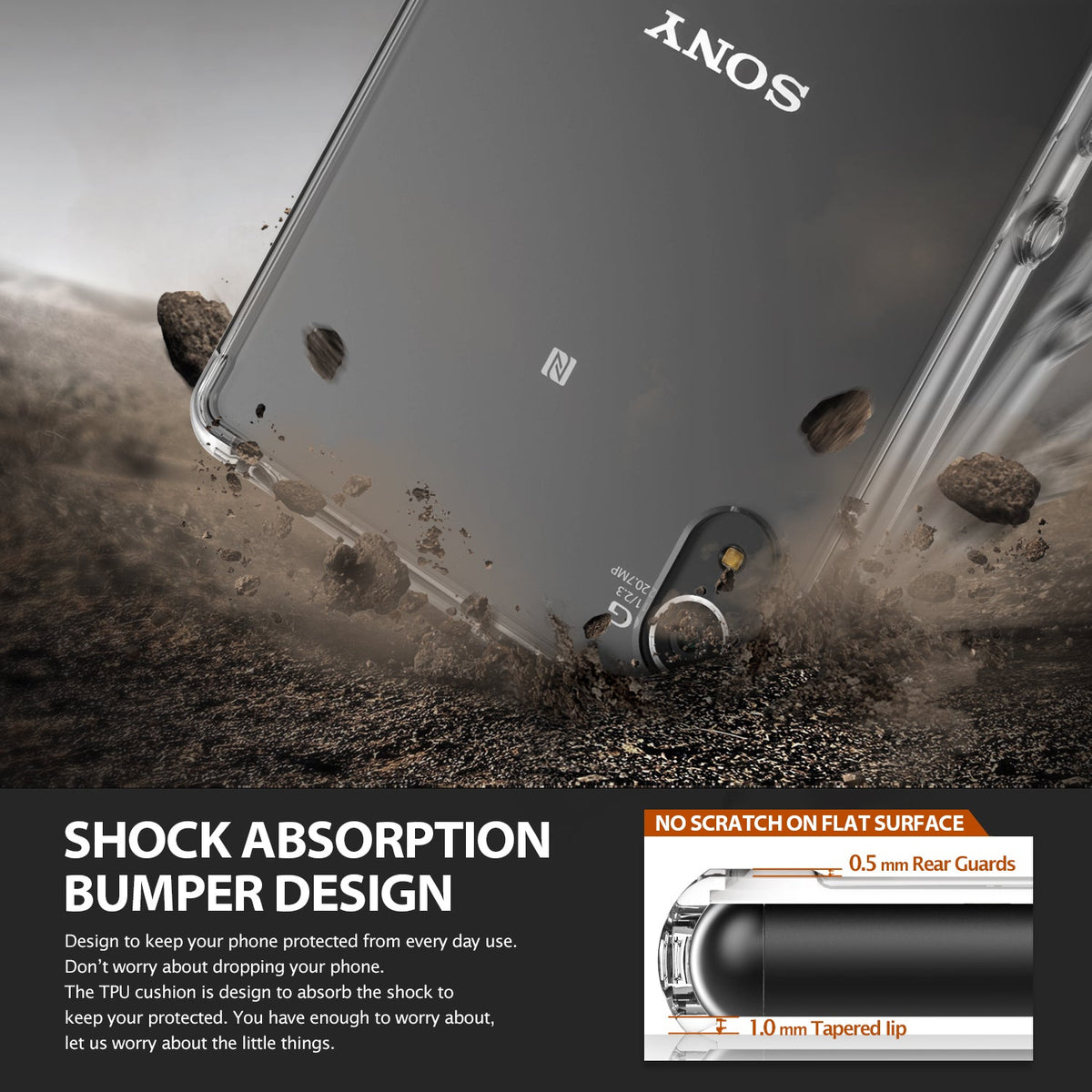 Sony Xperia Z3 Plus Case | Fusion - Clear protective case on a phone hitting dirt, with an inset showing rear guard details.