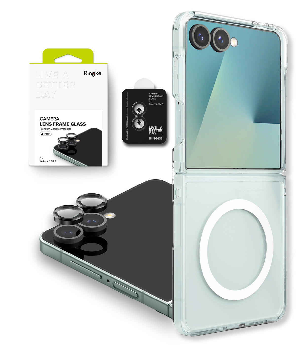 Galaxy Z Flip 7 Case | Fusion Magnetic - Clear magnetic phone case, camera lens protectors, and retail packaging.