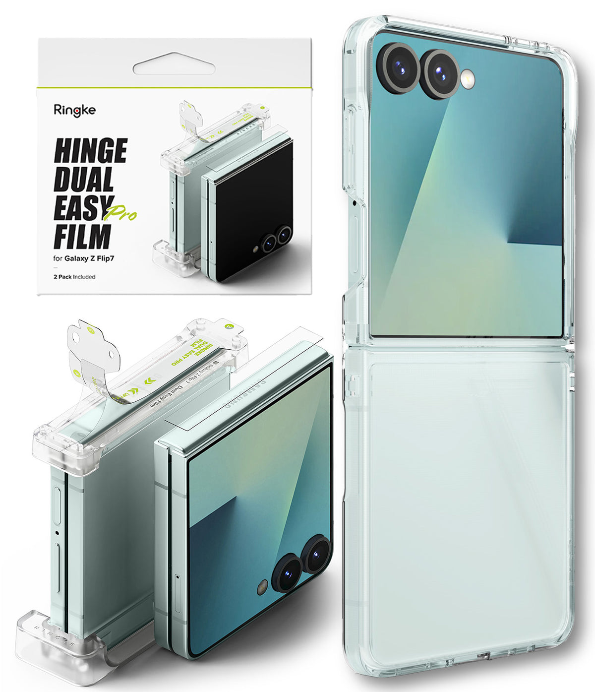 Galaxy Z Flip 7 Clear | Fusion - Ringke hinge film protector for Galaxy Z Flip 7 shown with packaging and applied on phone.