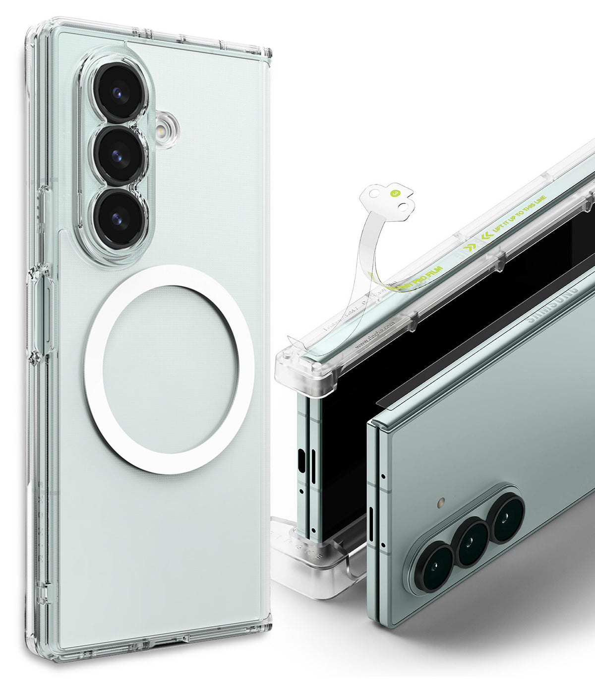 Galaxy Z Fold 7 Case | Fusion Magnetic - Clear magnetic phone case shown with a Galaxy Z Fold 7 and hinge film.