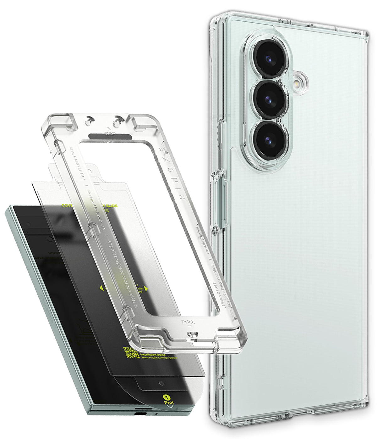Galaxy Z Fold 7 Case | Fusion - Clear protective case with a screen protector installation frame and Galaxy Z Fold phone.