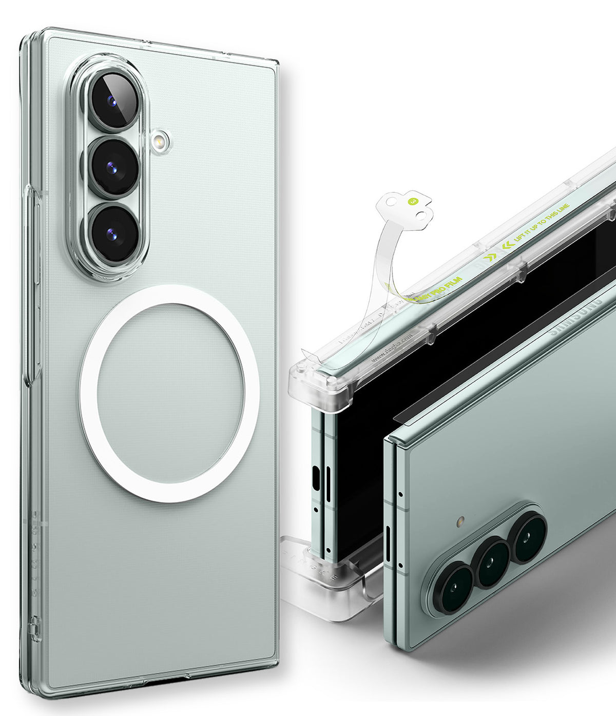 Galaxy Z Fold 7 Case | Slim Magnetic - Clear magnetic phone case with hinge protection being applied to a foldable phone.