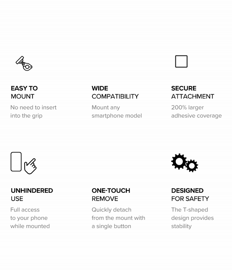 Quick & Go | Universal Adapter Mount Add-on - Icons and text highlighting features like easy mounting, compatibility, and safety.
