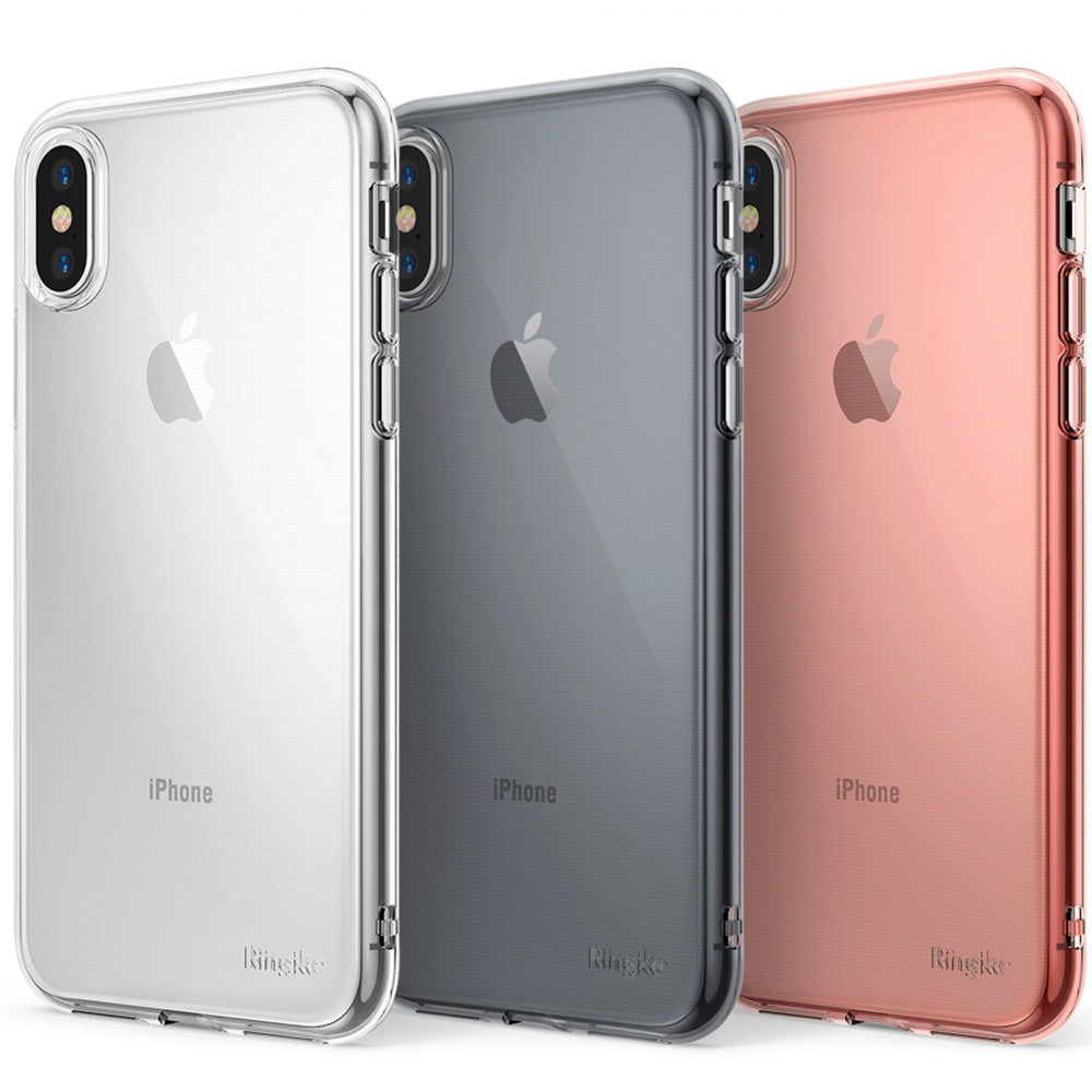 iPhone X Case | Air - Three transparent iPhone X cases in clear, matte black, and rose gold lined up against a white background.
