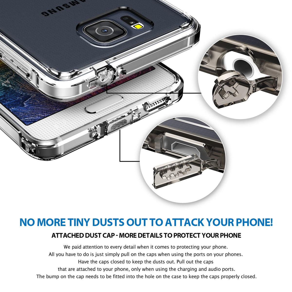 Galaxy Alpha Case | Fusion - Clear phone case with integrated dust caps for charging and audio ports shown in close-up.