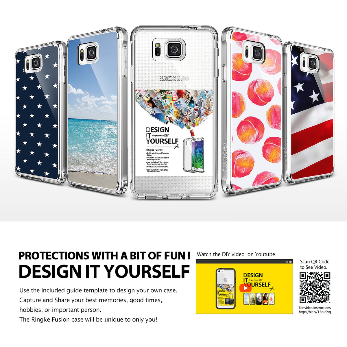 Galaxy Alpha Case | Fusion - Five clear phone cases with customizable inserts, including patterns, landscapes, and DIY instructions.