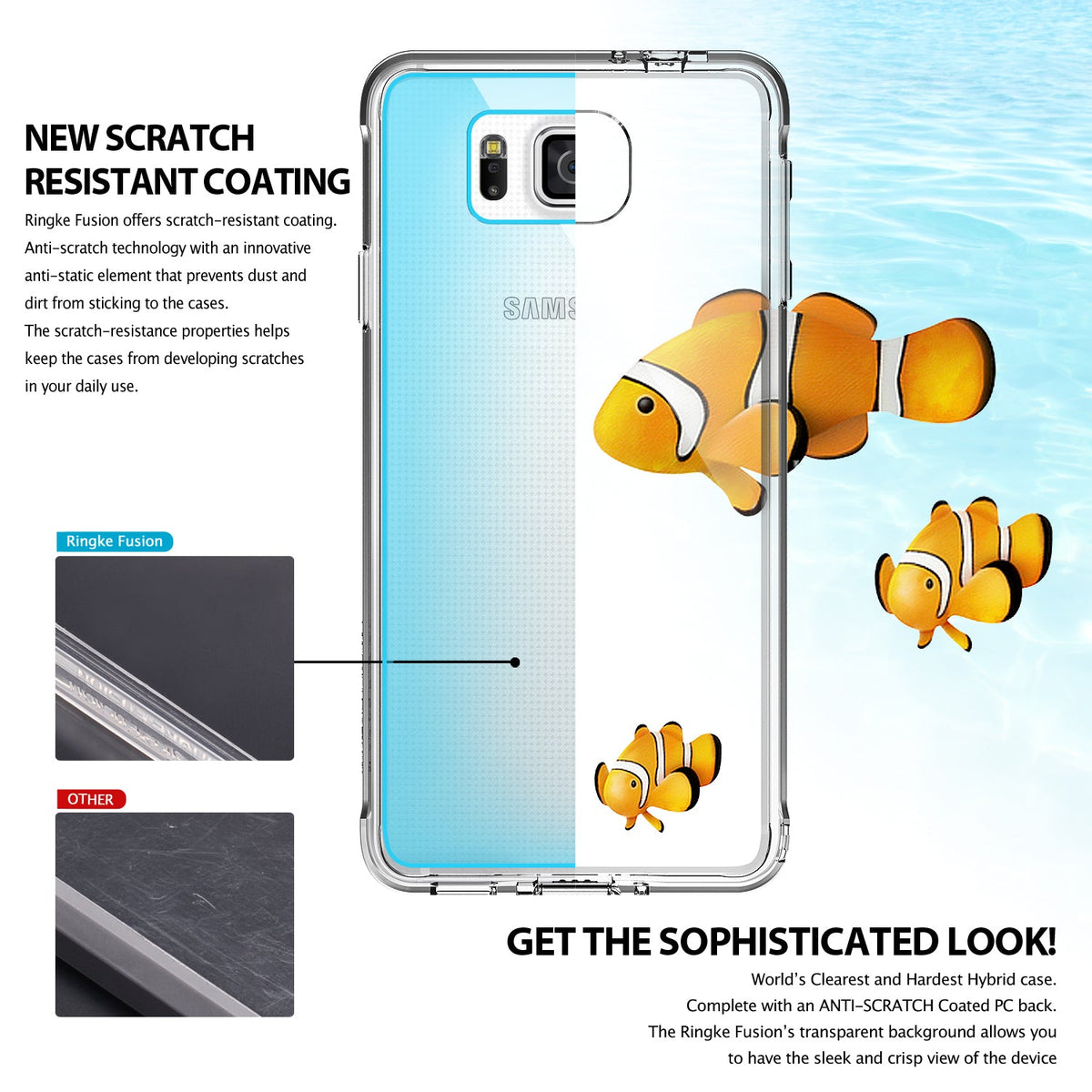 Galaxy Alpha Case | Fusion - Clear phone case showing scratch-resistant coating compared to a scratched surface with clownfish art.