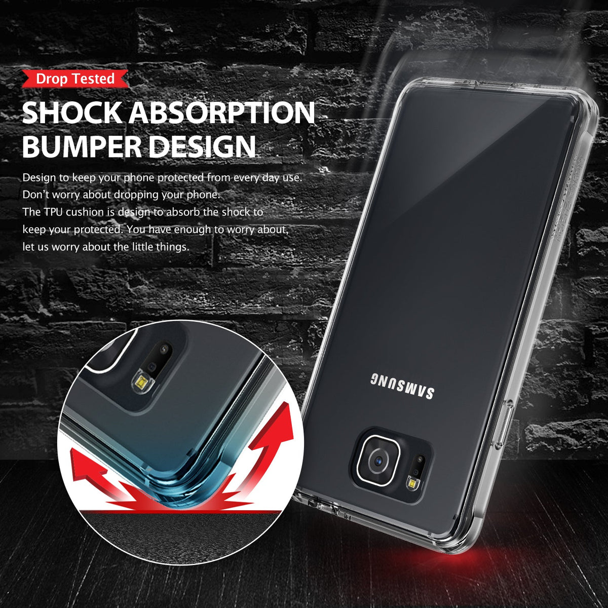 Galaxy Alpha Case | Fusion - Clear protective phone case on a black brick background with a close-up of shock-absorbing corners.
