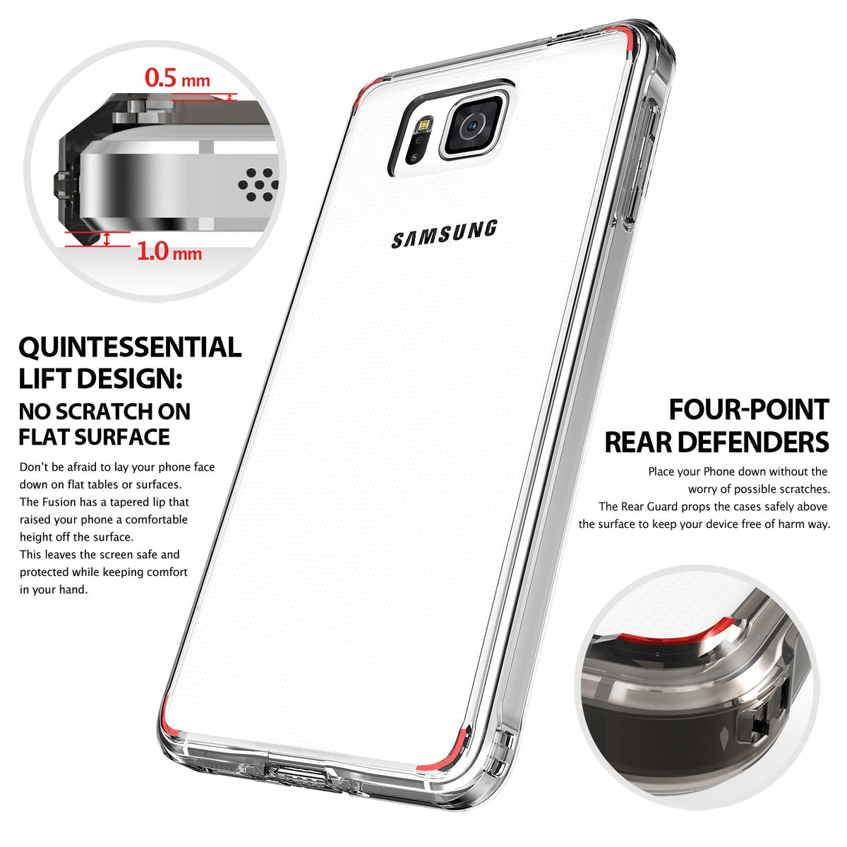 Galaxy Alpha Case | Fusion - Clear phone case showing raised edges and rear corner guards to prevent surface scratches.