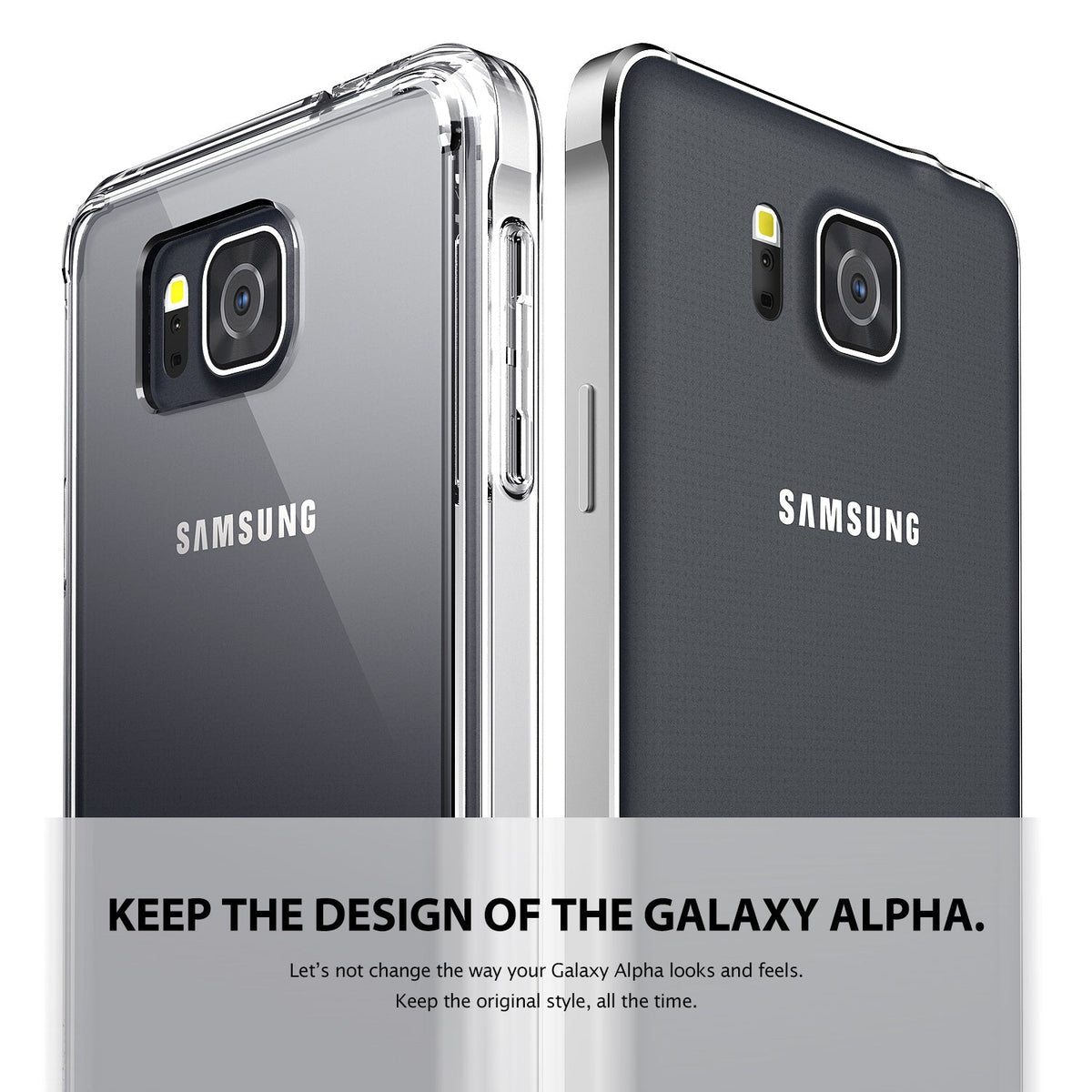 Galaxy Alpha Case | Fusion - Two Samsung Galaxy Alpha phones, one with a clear protective case and one without, side by side.