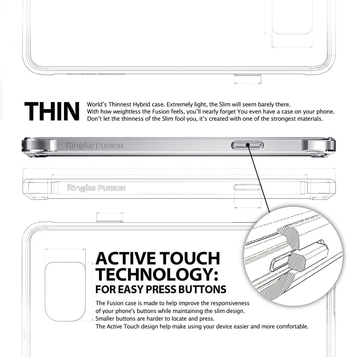 Galaxy Alpha Case | Fusion - Technical diagram showing slim profile and Active Touch button design for responsive pressing.