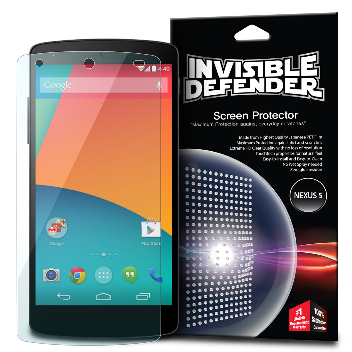 Google Nexus 5 Screen Protector | Film (3P) - Google Nexus 5 Screen Protector - Invisible Defender film pack with a Nexus 5 smartphone and product packaging.