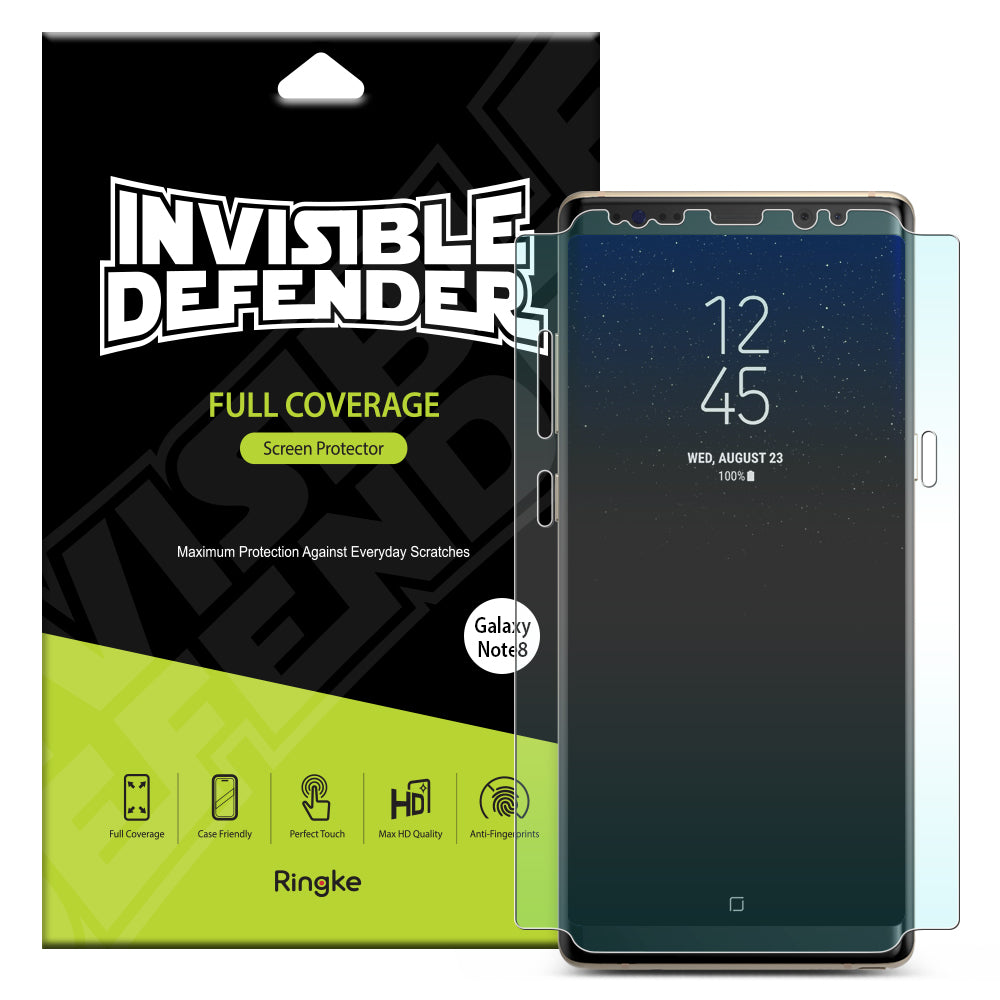 Galaxy Note 8 Screen Protector | Full Cover (2P) - Invisible Defender screen protector packaging with a Galaxy Note 8.