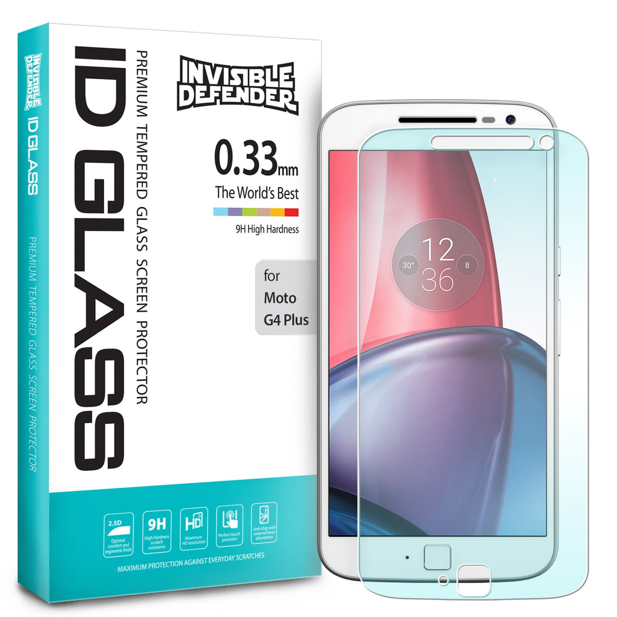 Moto G4 Plus Screen Protector | Glass - Moto G4 Plus Screen Protector - Invisible Defender tempered glass packaging next to a smartphone with a screen protector.