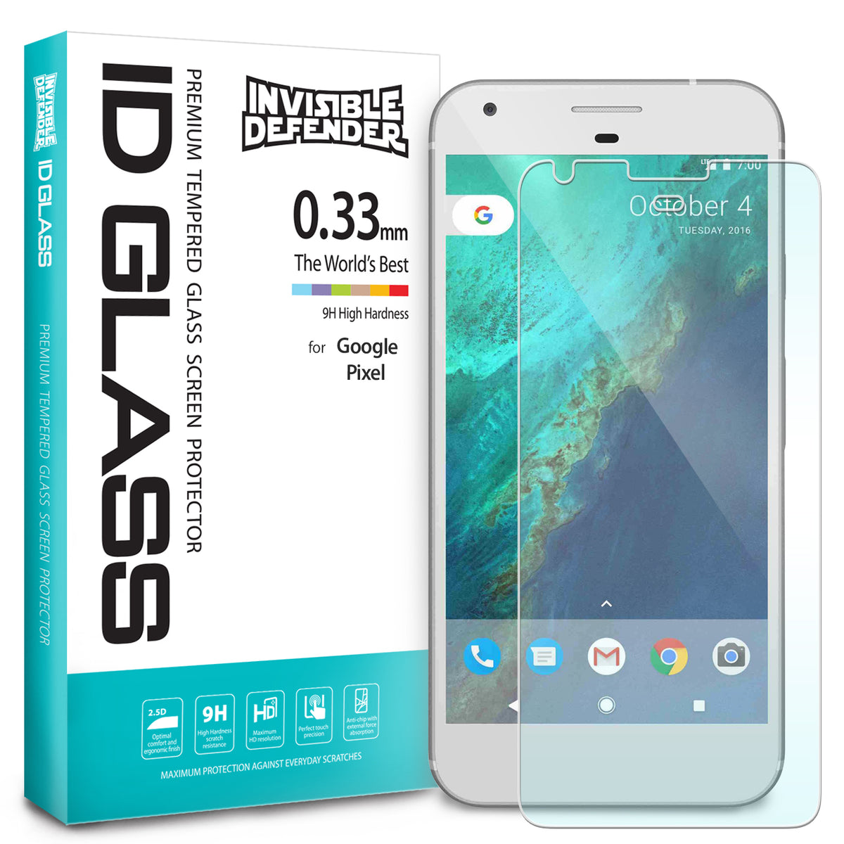 Google Pixel Screen Protector | Invisible Defender Glass - Google Pixel Screen Protector - Invisible Defender glass screen protector packaging next to a Google Pixel smartphone.