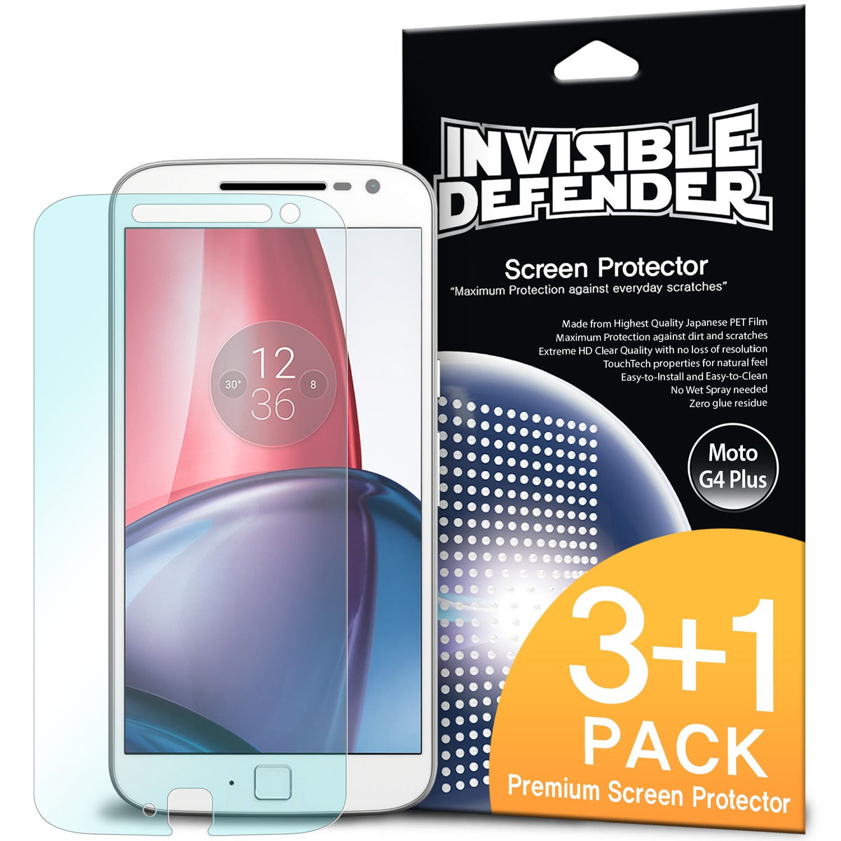 Moto G4 Plus Screen Protector | Film - Transparent screen protector film next to its black and orange retail packaging.