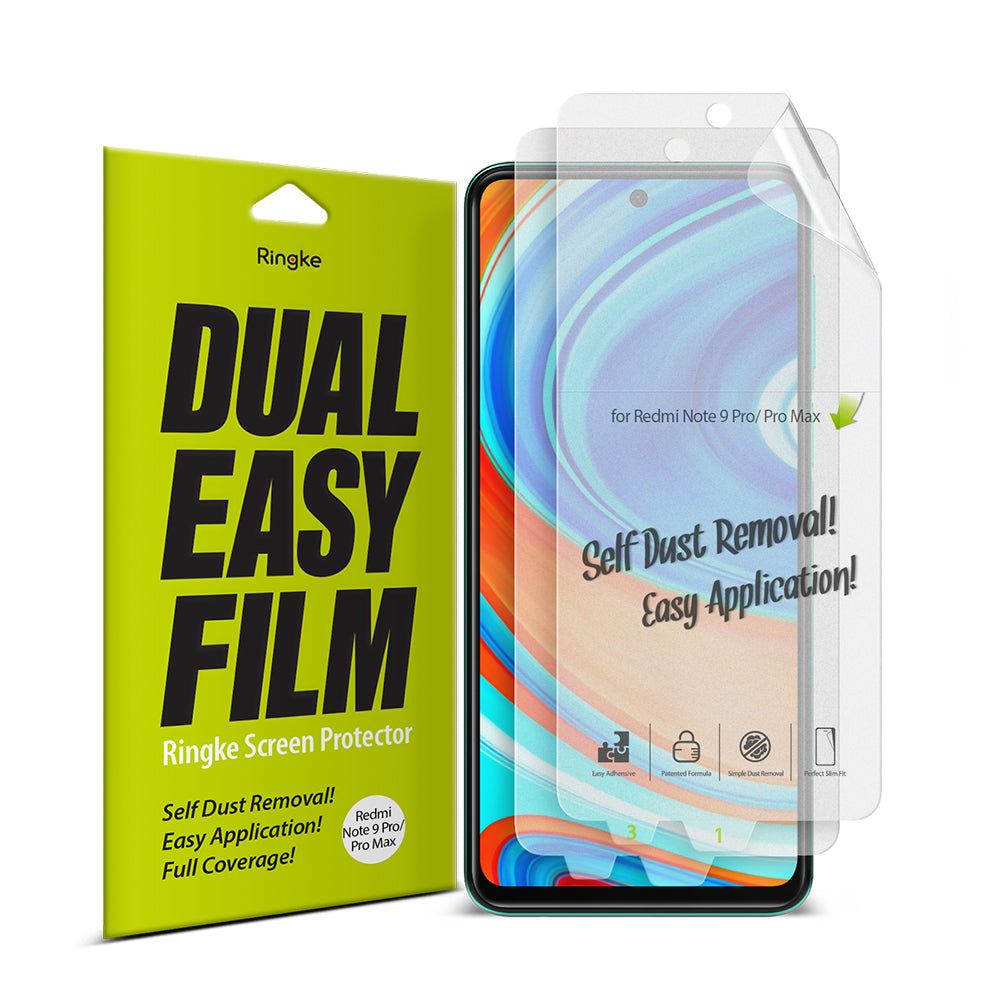 Redmi Note 9 Pro / 9 Pro Max Screen Protector | Dual Easy Film - Redmi Note 9 Pro / 9 Pro Max Screen Protector - Ringke Dual Easy Film packaging next to a phone with a screen protector.