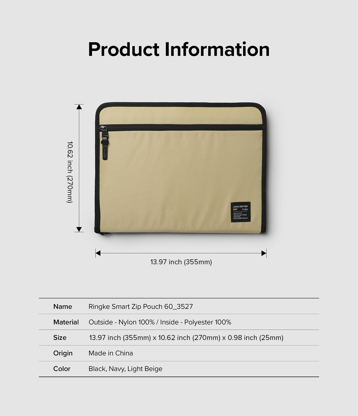 Pad Pouch | Smart Zip Pouch - Beige zip pouch with dimensions and a product information table on a light gray background.