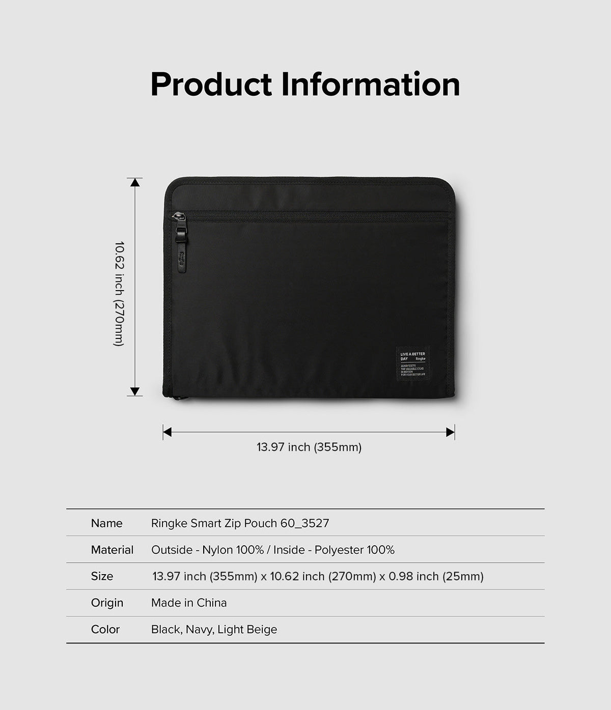 Pad Pouch | Smart Zip Pouch - Black zippered pouch with dimensions and product specifications listed below.