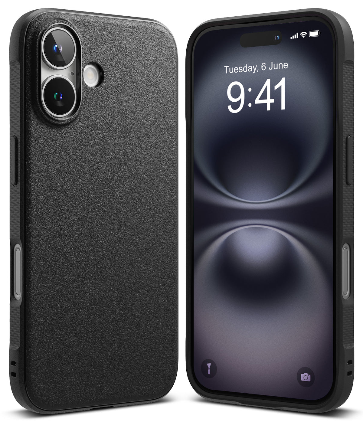 iPhone 16 Plus Case | Onyx - Black textured phone case shown from the back and front with a dark screen display.