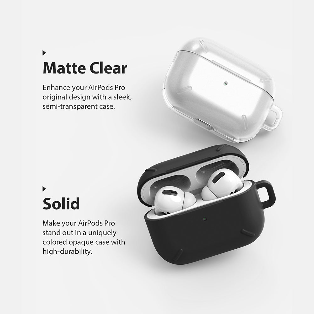 AirPods Pro Case - Black - Comparison of a matte clear case and an open black case containing white AirPods Pro earbuds.