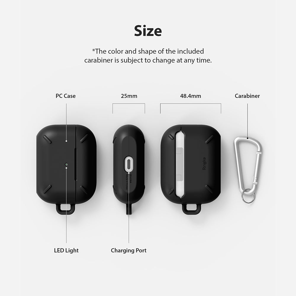 AirPods Pro Case - Black - Diagram showing dimensions and components of a black protective case with a silver carabiner.