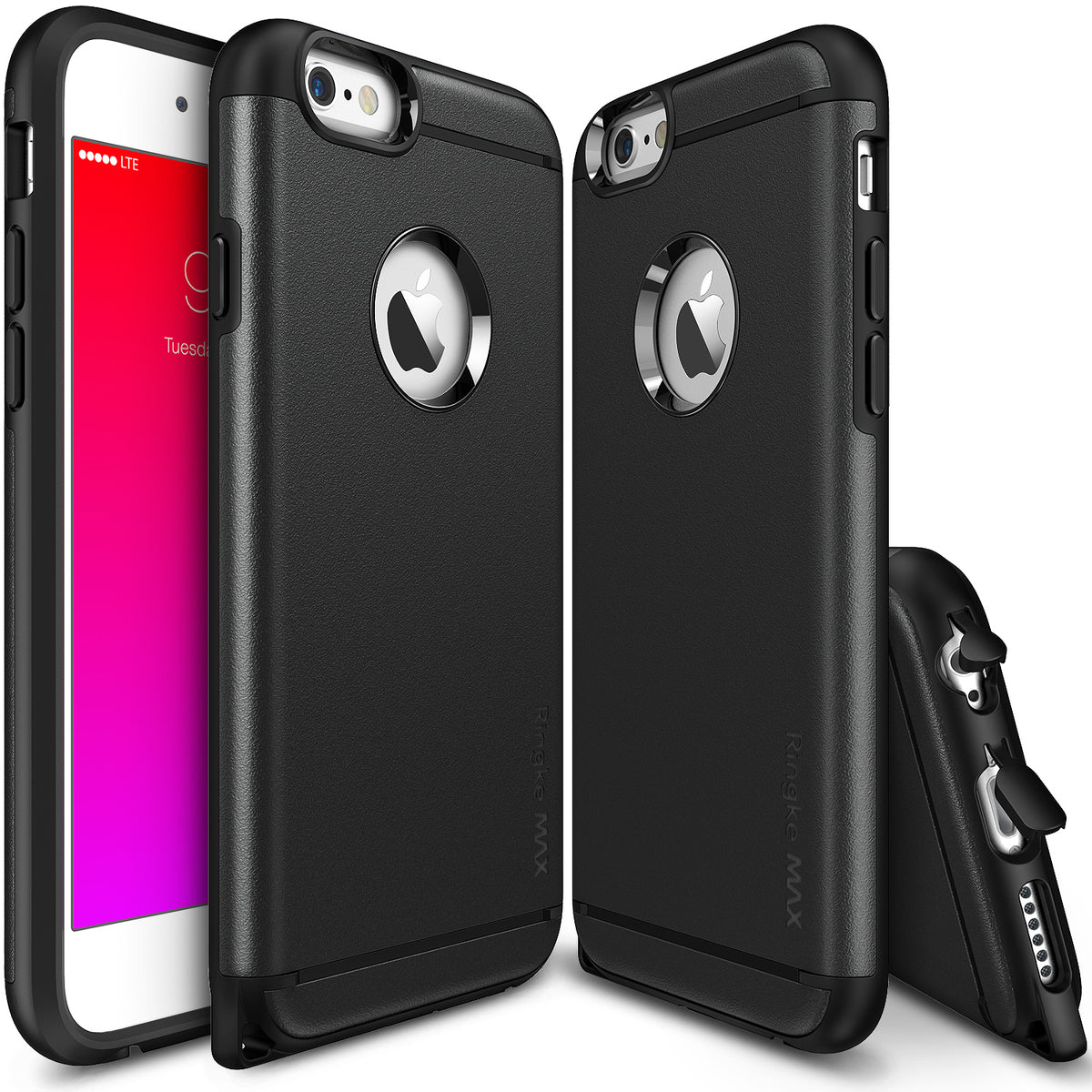 iPhone 6s Plus Case | Max - Black - Three views of a black protective phone case with a circular cutout for the Apple logo.