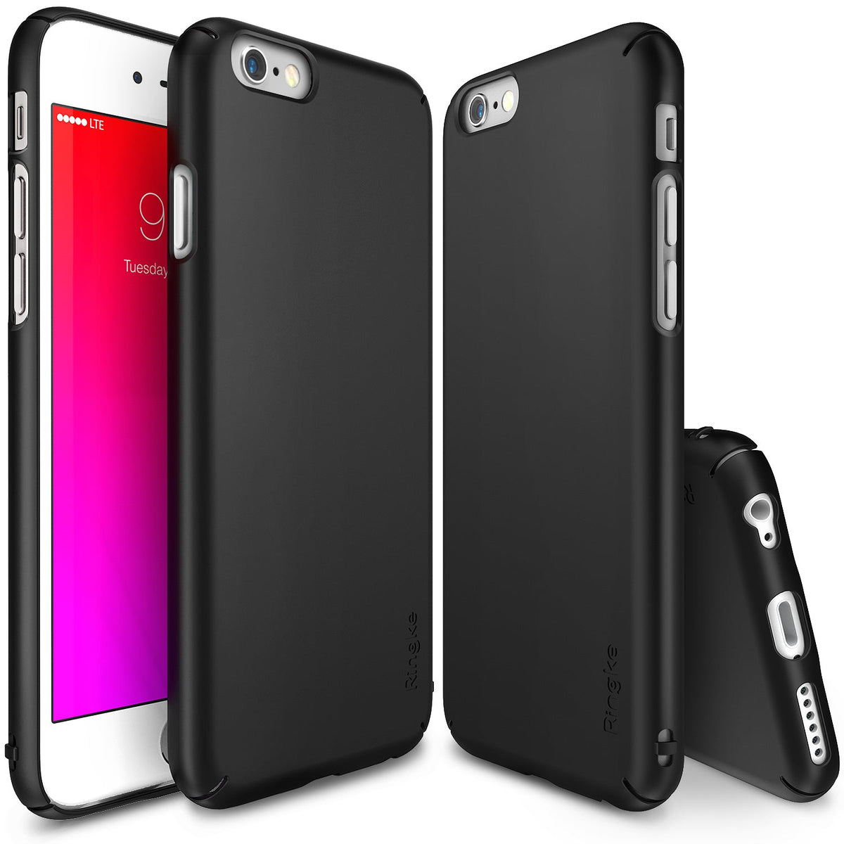 iPhone 6s Plus Case | Slim - Three views of a matte black slim phone case showing front, back, and bottom port cutouts.