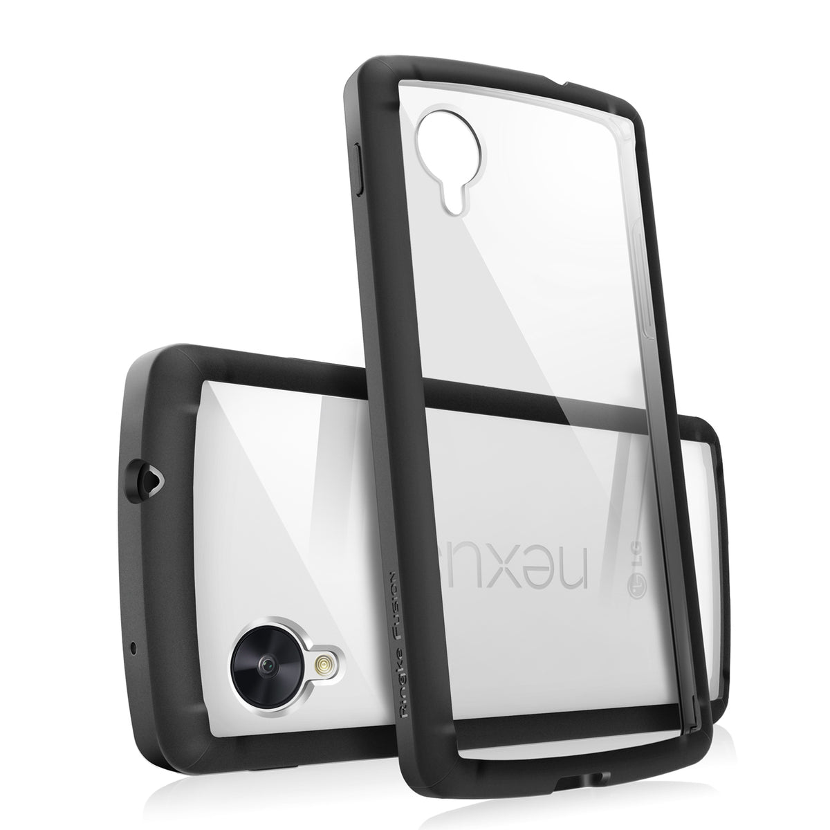 Google Nexus 5 Case | Fusion - Black - Clear protective phone case with a black bumper frame on a white Nexus 5.