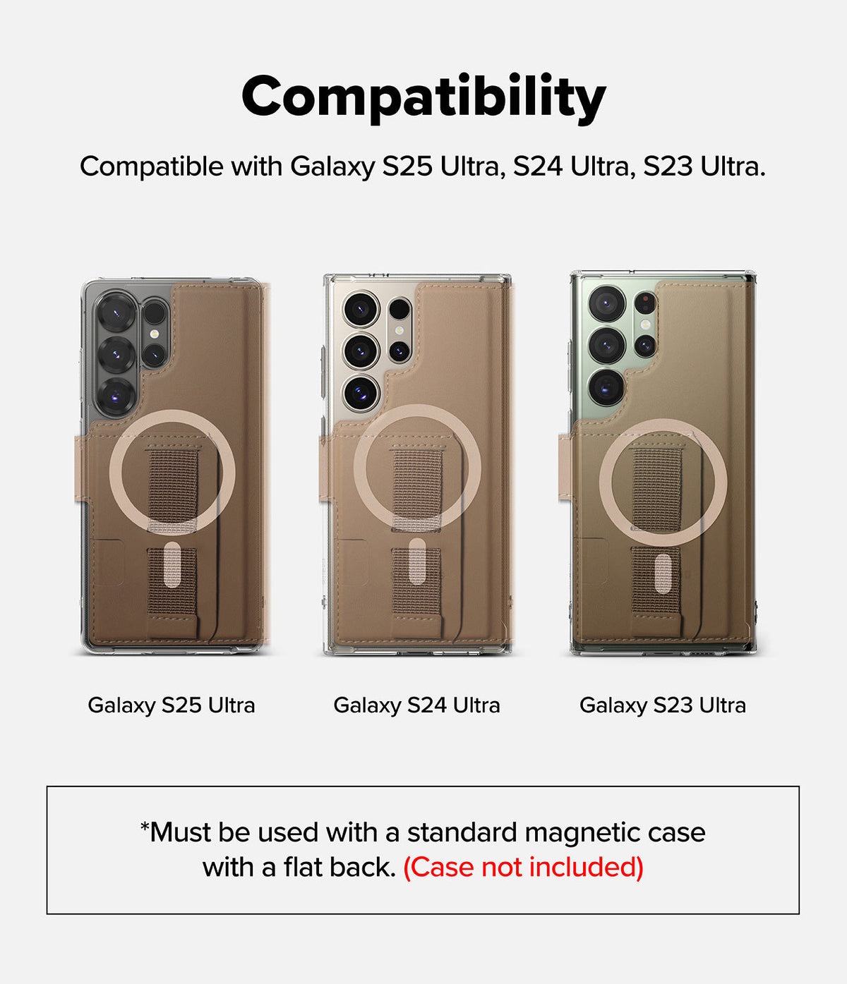 Galaxy S25 Ultra Cover | Folio Grip Wallet Magnetic - Three Samsung Ultra phones showing magnetic wallet compatibility.
