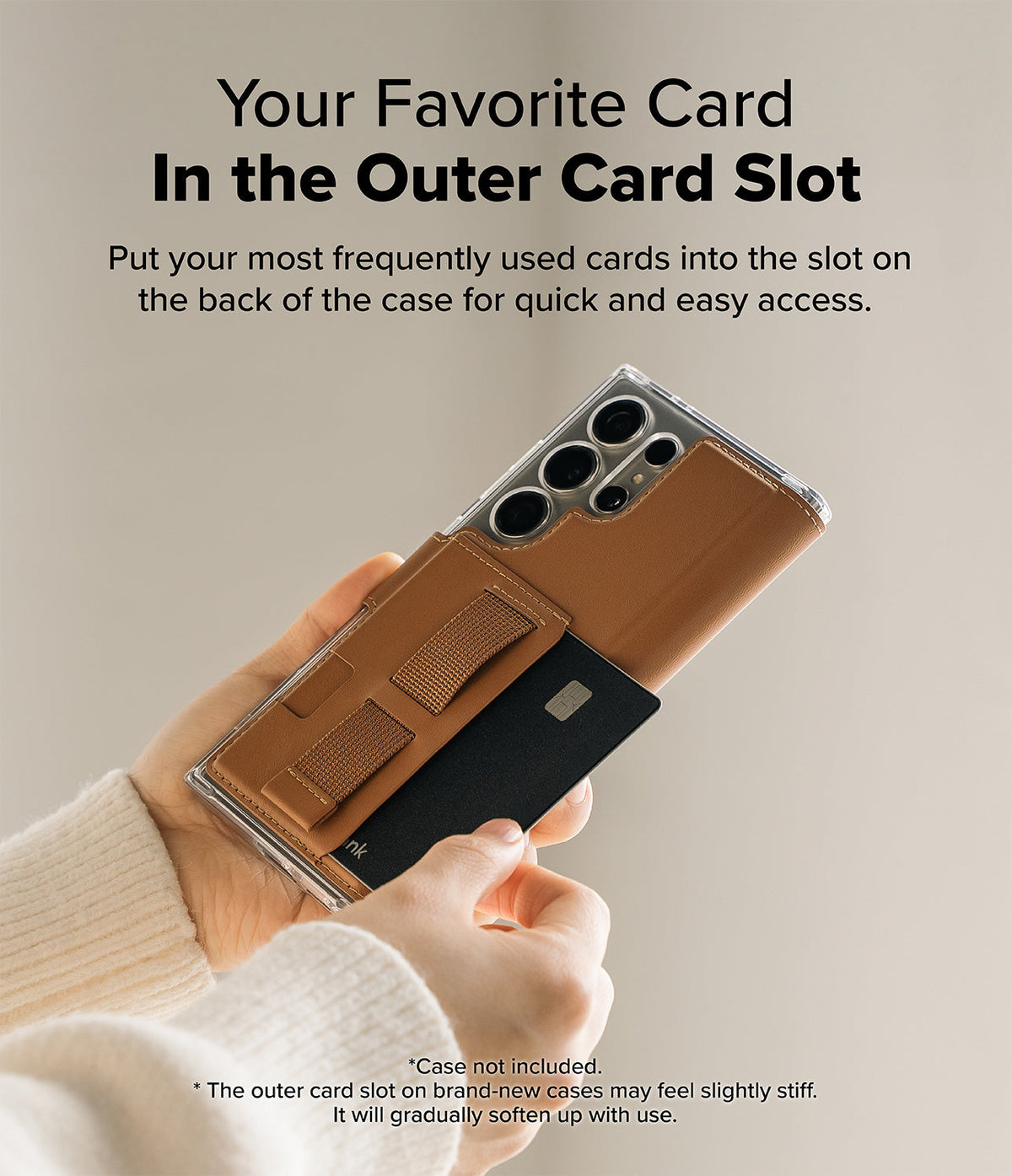 Galaxy S25 Ultra Cover | Folio Grip Wallet Magnetic - Galaxy S25 Ultra Cover - Hand holding a phone in a brown leather wallet case with an outer card slot and elastic grip.