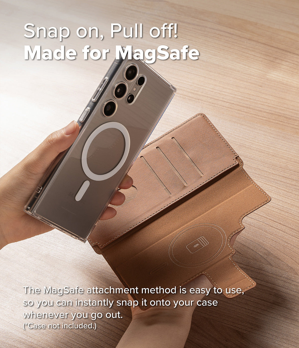 Galaxy S25 Ultra Cover | Folio Grip Wallet Magnetic - A hand attaching a magnetic brown leather wallet to a phone case.
