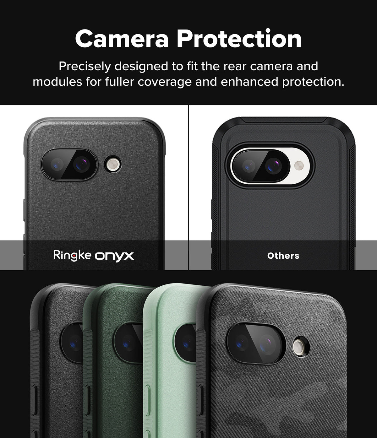Google Pixel 9a Case | Onyx - Comparison showing the Ringke case's precise camera cutout versus a standard case.