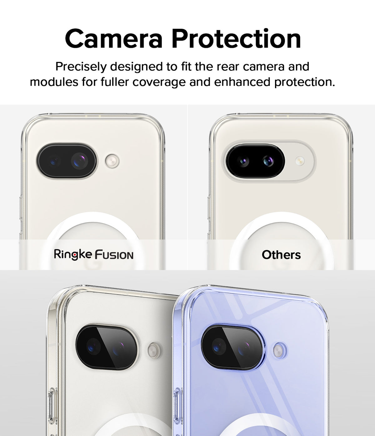 Google Pixel 9a Case | Fusion Magnetic - Comparison showing Ringke Fusion camera coverage versus standard cases.
