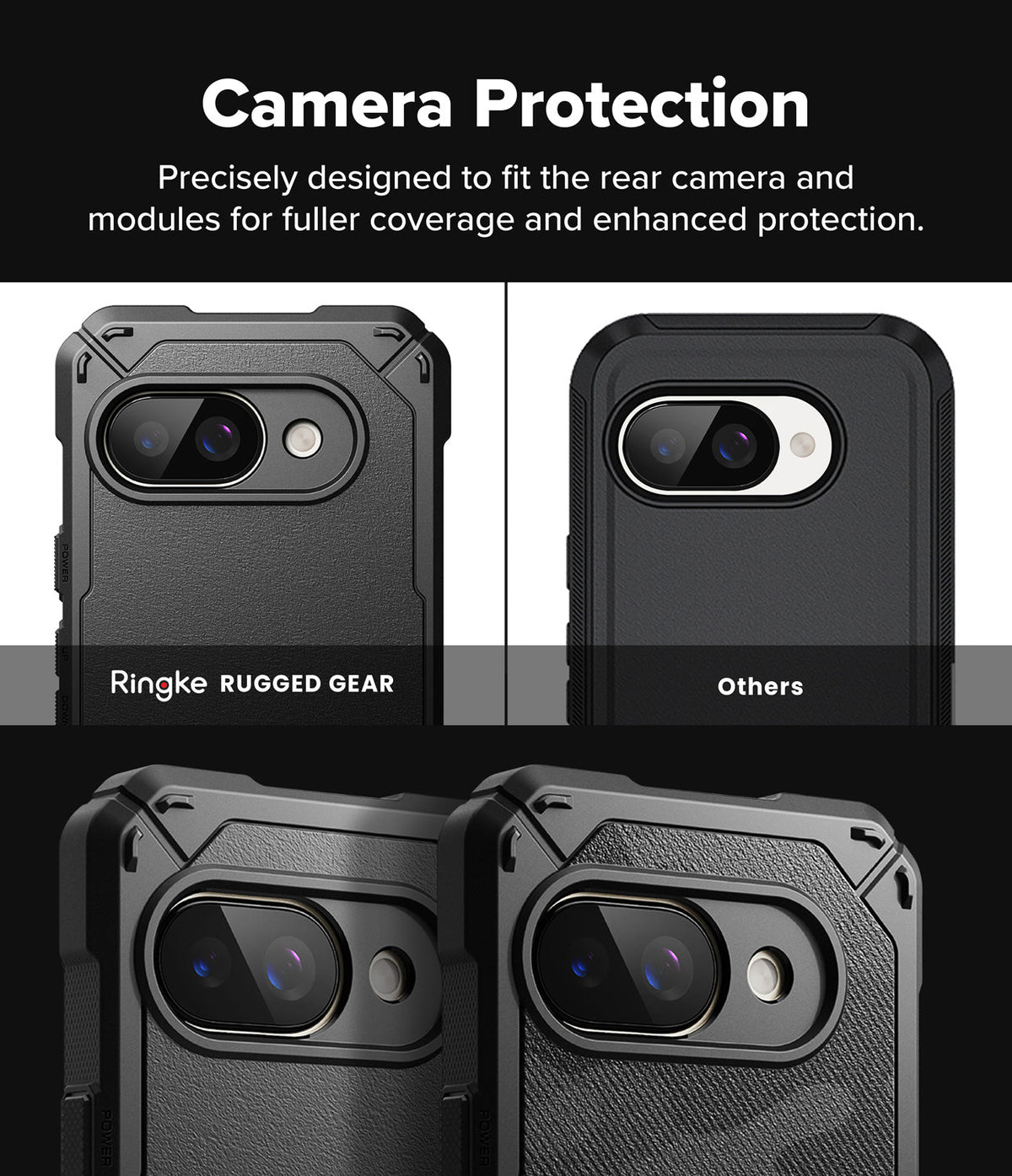 Google Pixel 9a Case | Rugged Gear - Comparison showing superior camera module coverage of Ringke case versus others.