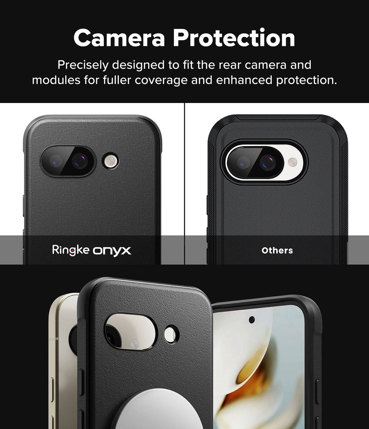Google Pixel 9a Case | Onyx Magnetic - Comparison showing the Ringke Onyx case providing superior camera module coverage.
