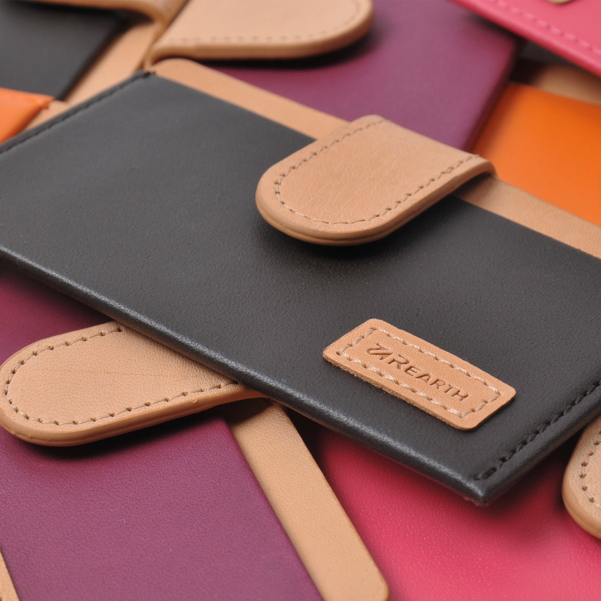 Ringke® Leather ID / Card Holder, 3M Adhesive Stick On Mini Wallet Attachment for All Phone Devices - Ringke® Leather ID / Card Holder - Stack of colorful leather adhesive phone card holders with tan tabs and embossed logo.