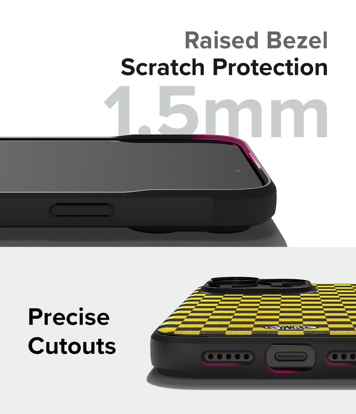 iPhone 15 Pro Case | Onyx Design - Close-up of phone case showing 1.5mm raised bezel for screen protection and precise port cutouts.