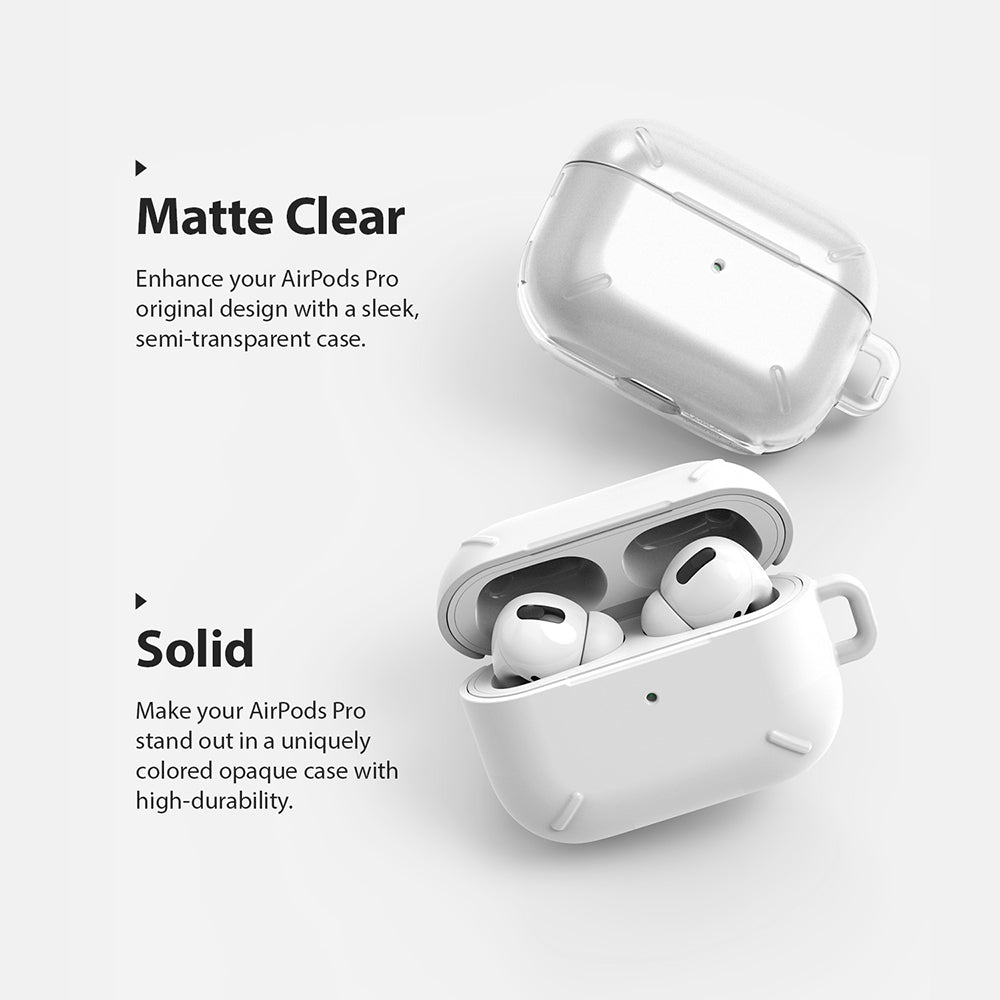 AirPods Pro Case - Matte Clear - A matte clear AirPods Pro case above an open white case containing white AirPods Pro earbuds.