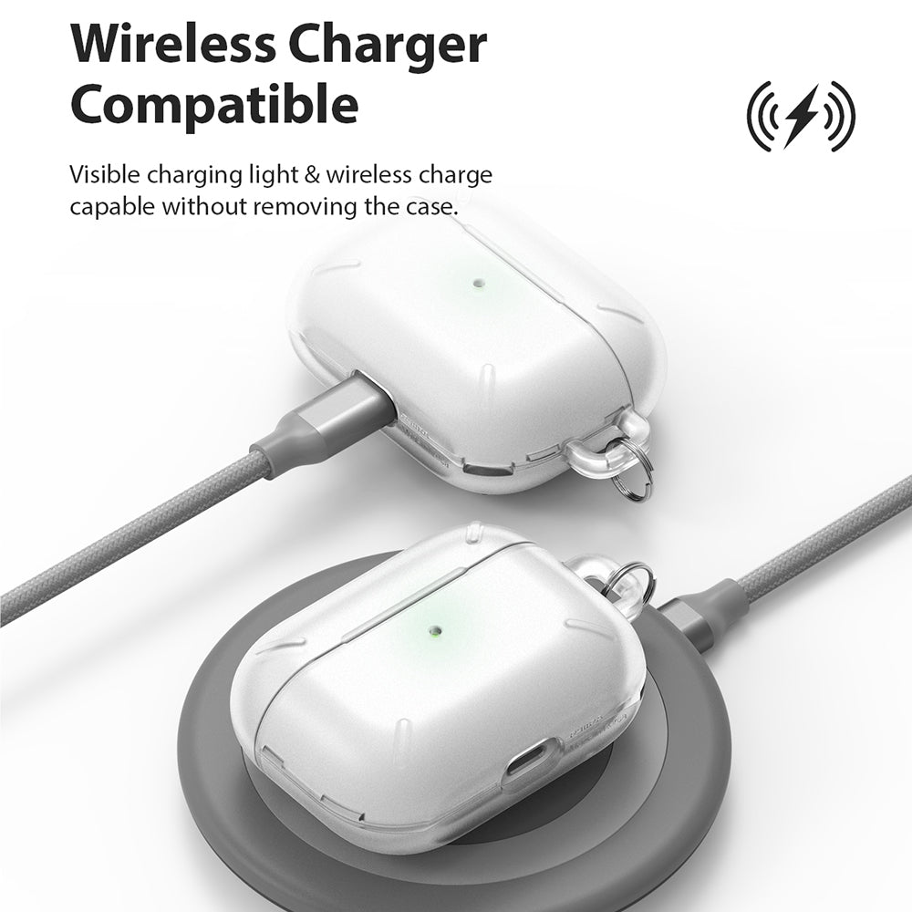 AirPods Pro Case - Matte Clear - Matte clear AirPods Pro case shown charging via cable and on a wireless charging pad.