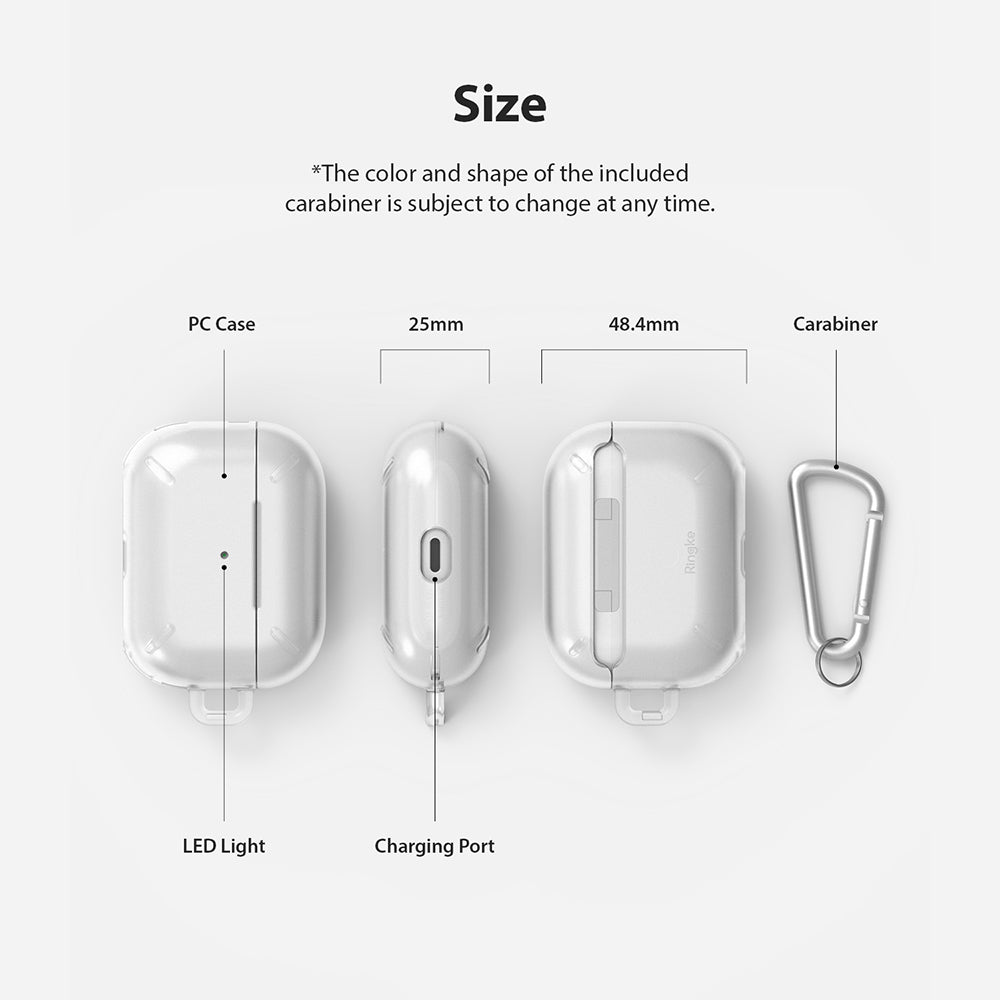 AirPods Pro Case - Matte Clear - Diagram showing dimensions and components of a clear AirPods Pro case with a carabiner.