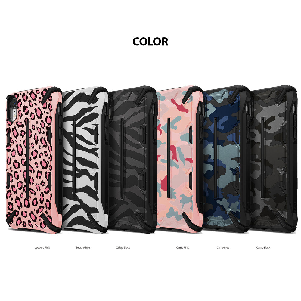iPhone XR Case | Dual-X Design - Six iPhone XR cases in leopard, zebra, and camo patterns lined up against a white background.