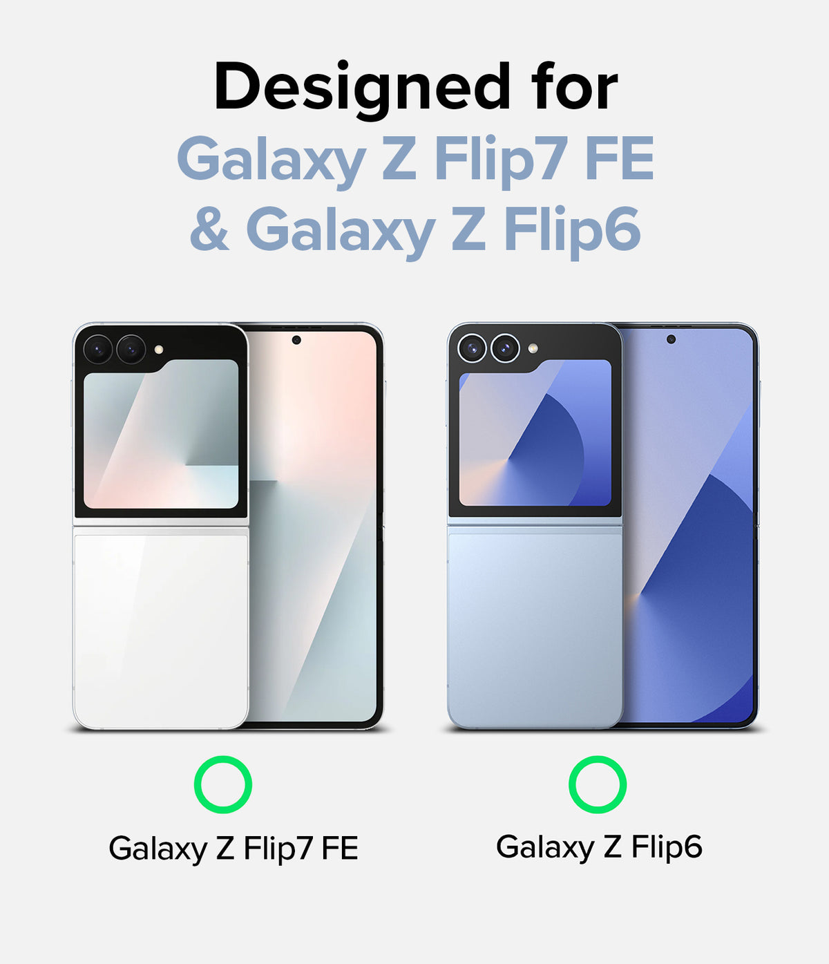 Galaxy Z Flip 7 FE Case | Slim Hinge Magnetic - Compatibility chart showing the case fits both Galaxy Z Flip 7 FE and Galaxy Z Flip 6 phones.