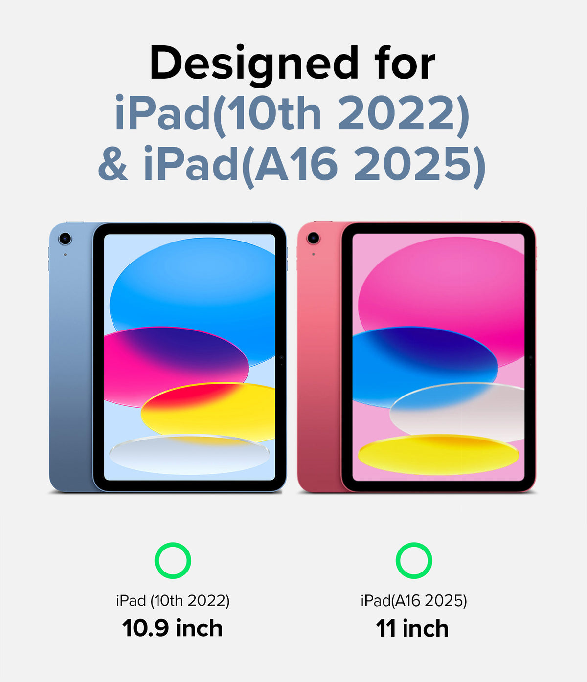 Fusion | iPad - Compatibility chart showing blue 10.9-inch iPad (10th Gen) and pink 11-inch iPad (A16 2025) side by side.