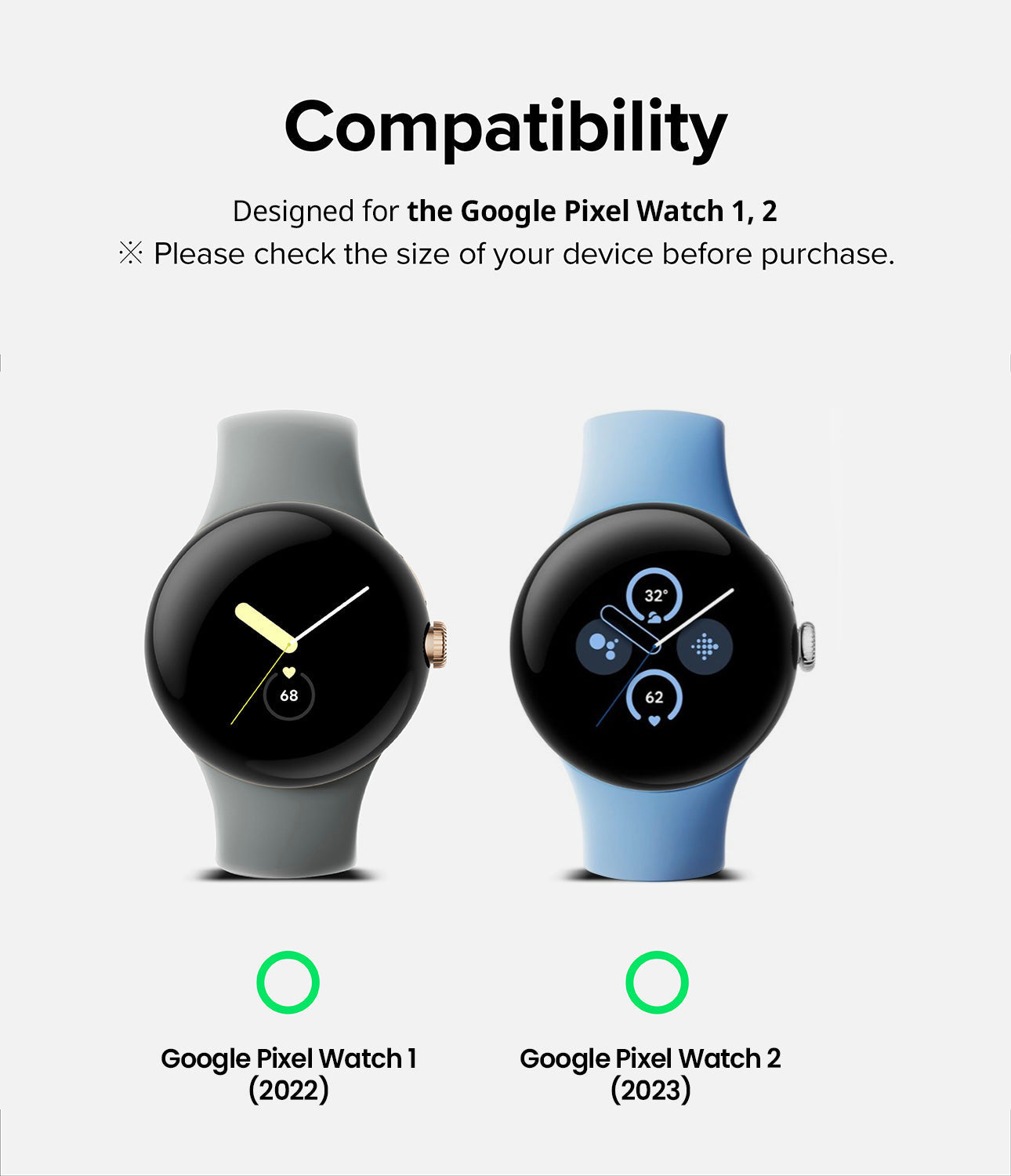 Google Pixel Watch | Metal One Band - Compatibility chart showing Google Pixel Watch 1 and 2 with green checkmarks.